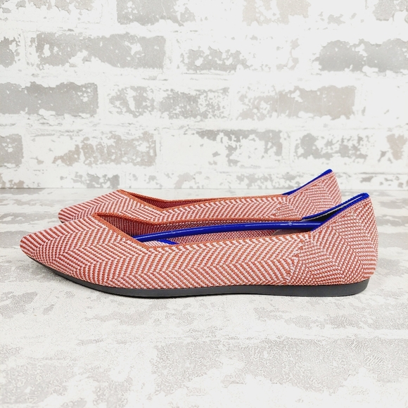 New Rothy's The Flat Red/White Knit Pointy Toe Slip On Stripe Loafers V505